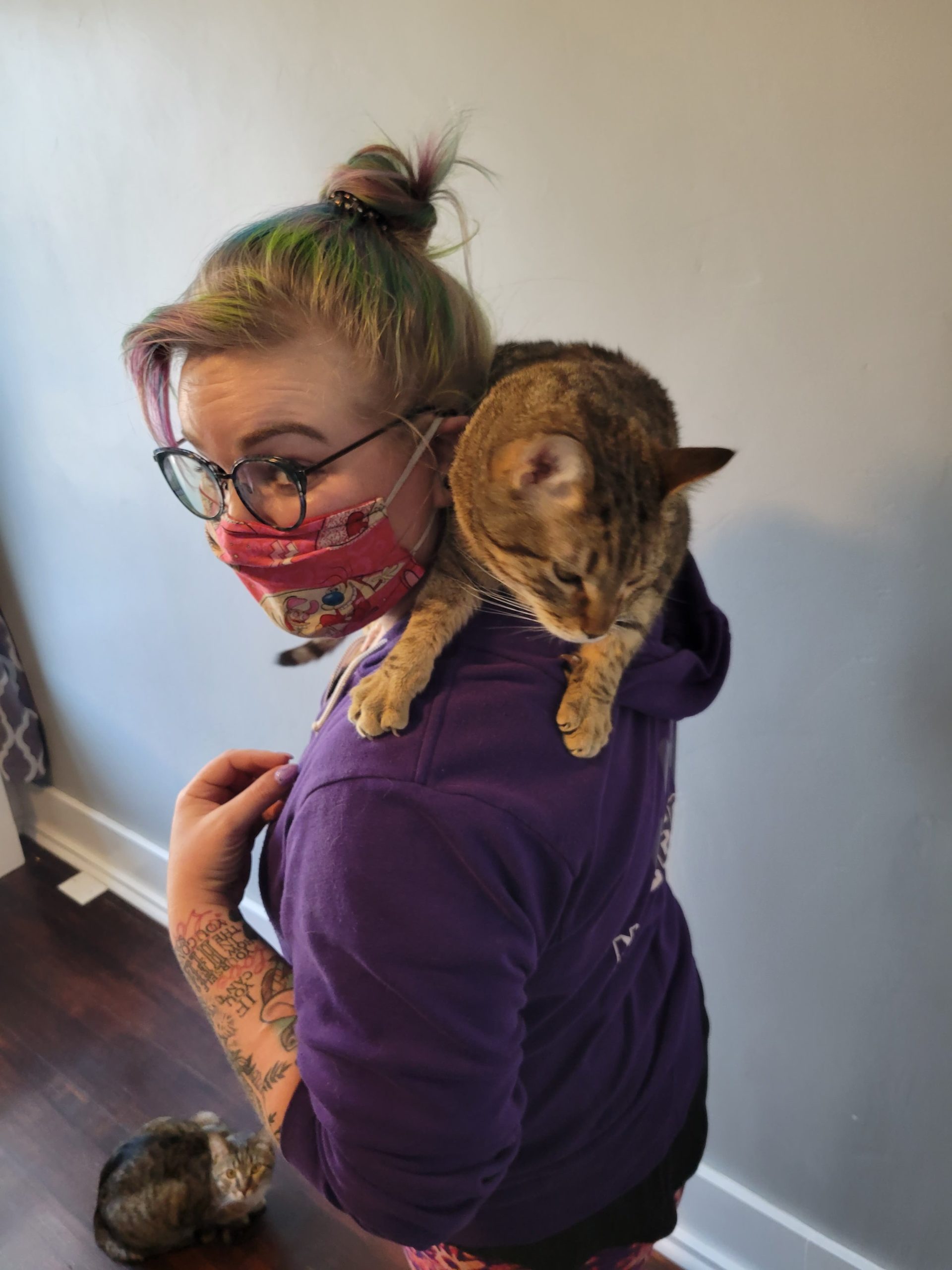 A cat sits on a woman's shoulders.
